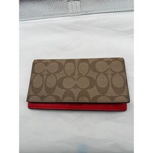 Coach‎ Signature Monogram Trifold Wallet Red Interior Canvas Leather